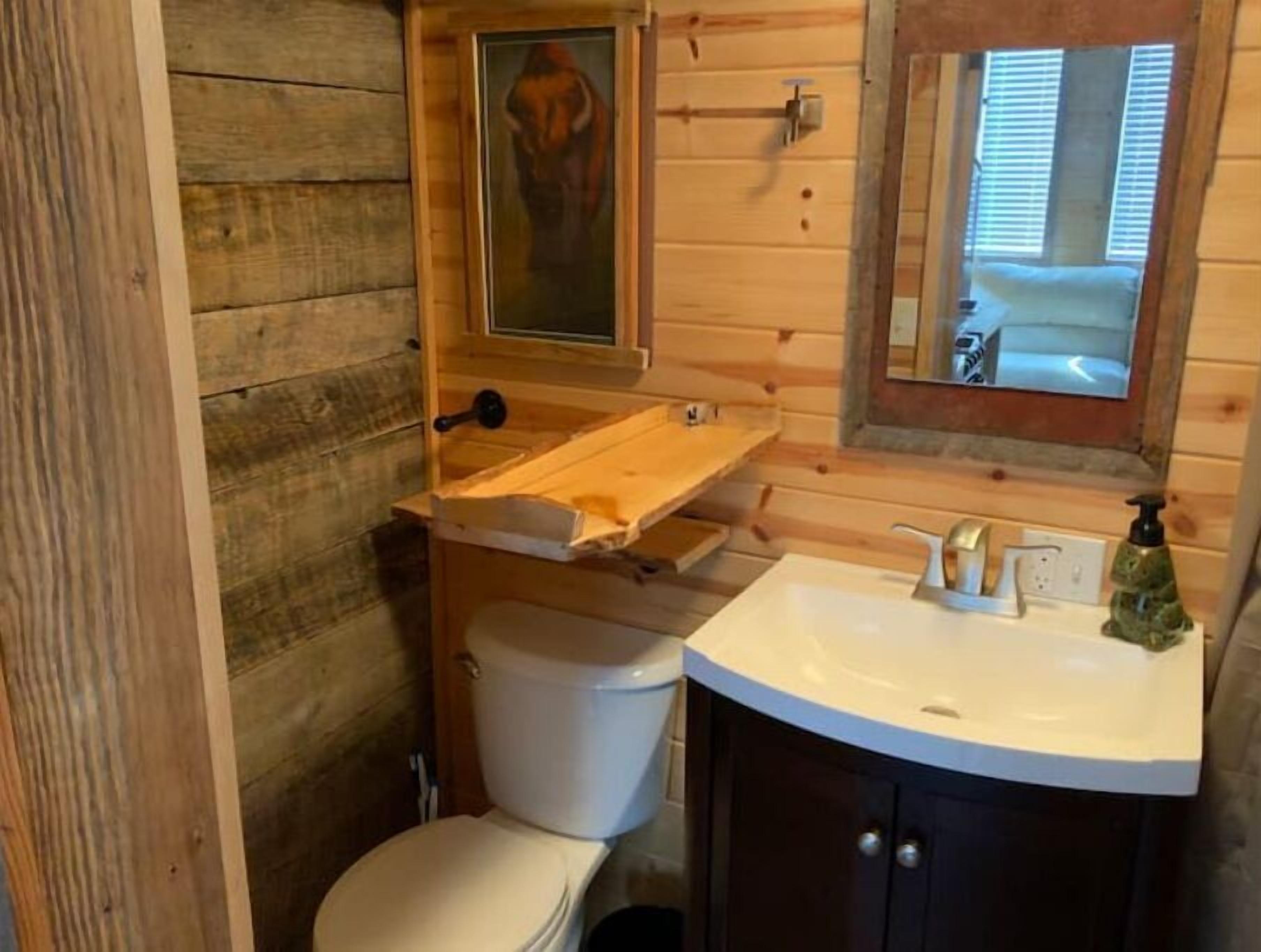 Une salle de bain rustique, aménagée dans une cabane en bois, avec des toilettes, un lavabo et un miroir.