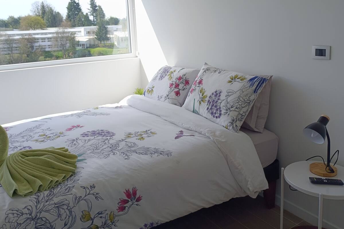 Een slaapkamer met een bed, een klein nachtkastje met een lamp, een raam met uitzicht op gebouwen en een deur.