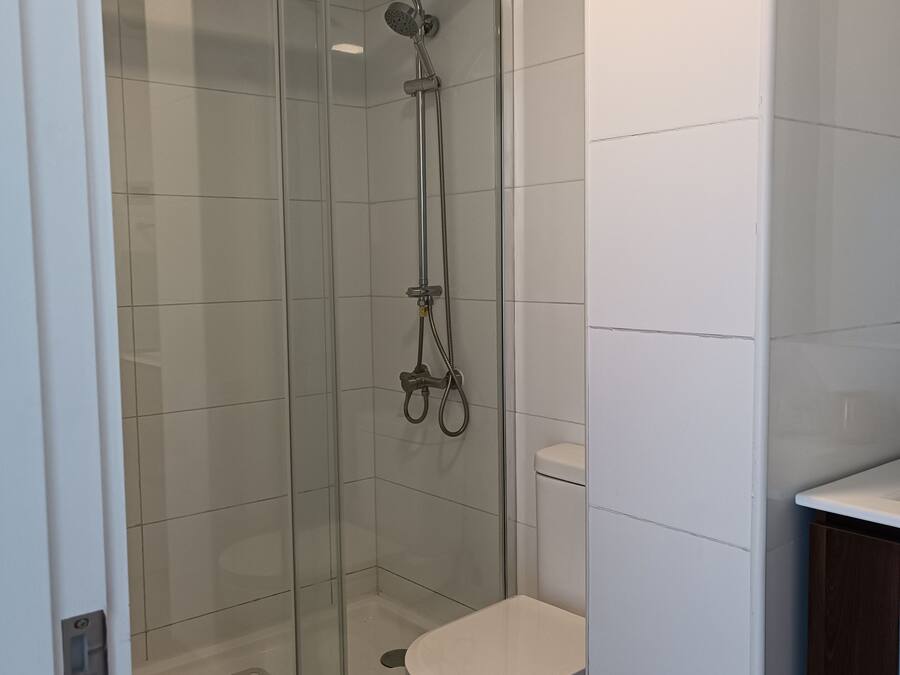 A modern bathroom with a glass-enclosed shower, a white toilet, and a wooden floor.