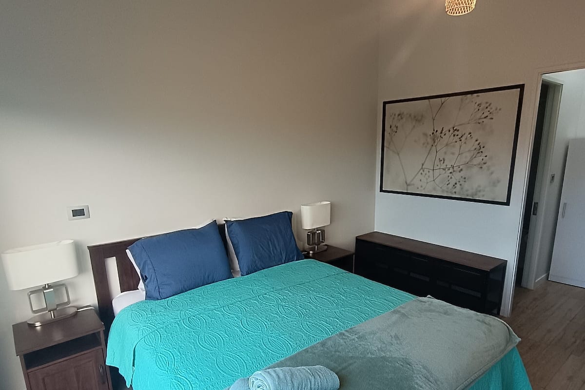 Een netjes opgemaakt bed met een blauwgroene sprei en twee kussens, een nachtkastje met een lamp, een aan de muur hangend kunstwerk, en een hanglamp.
