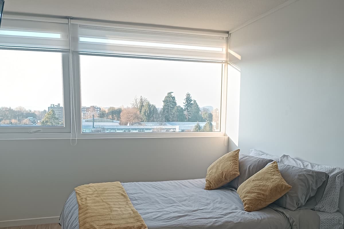 Een slaapkamer met een bed, een raam en een plafondlamp.