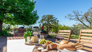 Mobiliario de comedor al aire libre con una mesa, sillas, una botella de vino, queso, uvas, pan y una planta en maceta.