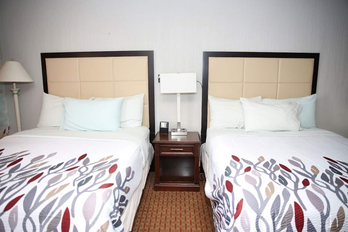 A hotel room with two beds, a nightstand, a lamp, and a patterned bedspread.