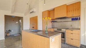 Coffee/tea maker, fridge, microwave, oven - Morgan Branch Cabin | Modern Mountain Cabin with Panoramic Views Near Asheville (Marshall)