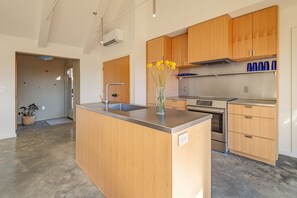Coffee/tea maker, fridge, microwave, oven - Morgan Branch Cabin | Modern Mountain Cabin with Panoramic Views Near Asheville (Marshall)