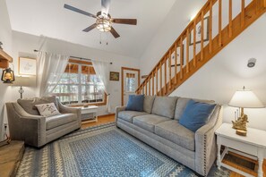 TV connectée, cheminée, lecteur de DVD, livres