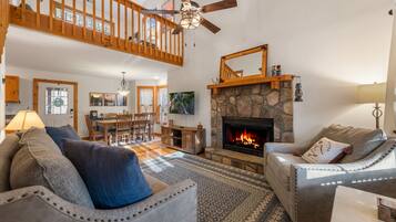 Smart TV, fireplace, DVD player, books