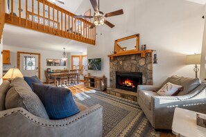 TV connectée, cheminée, lecteur de DVD, livres