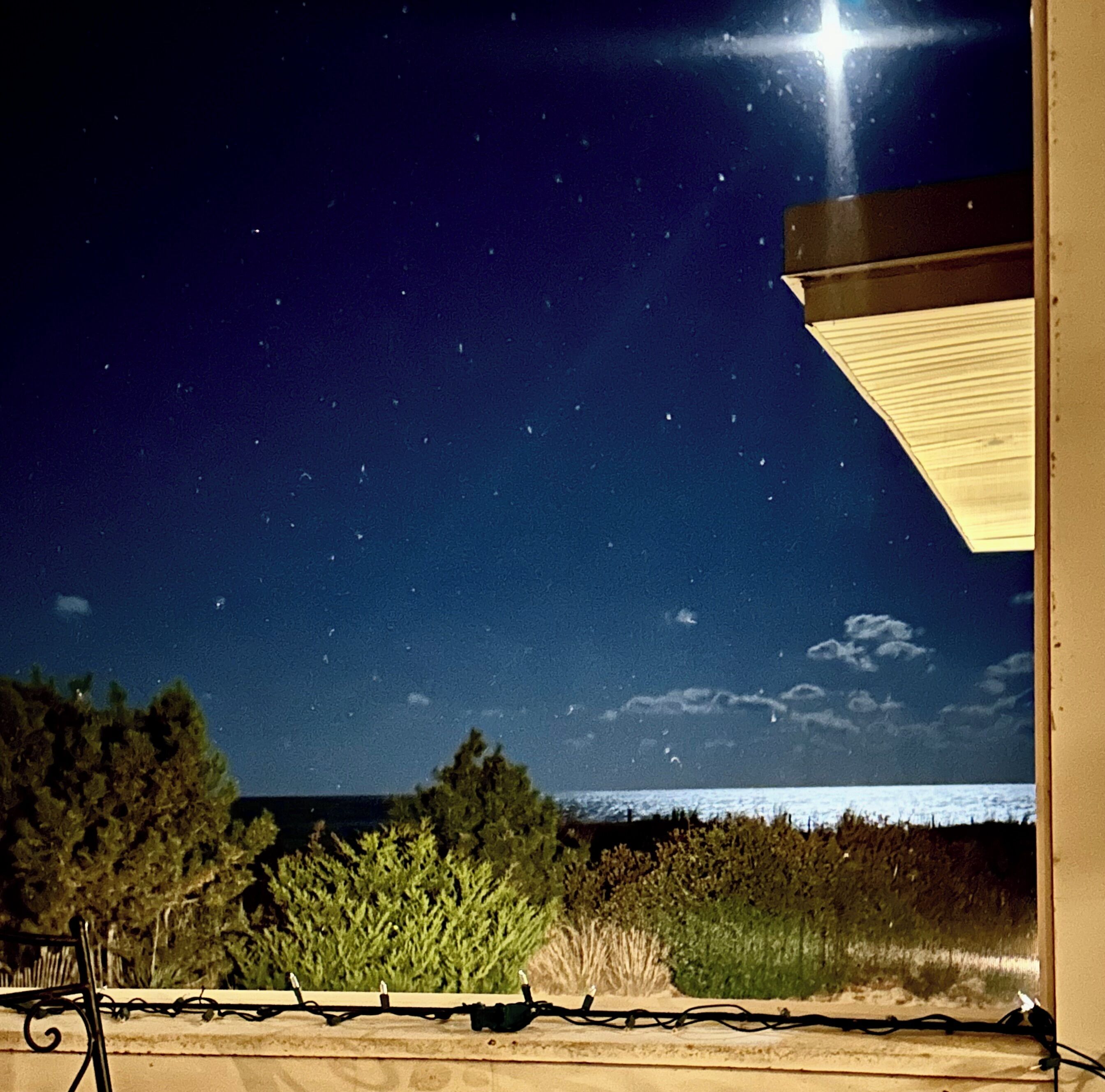 A night sky with stars, a bright moon, and a view of a body of water.