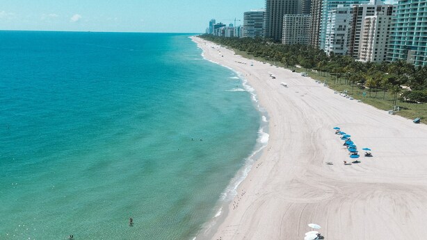 A beach with rows of umbrellas and beach chairs, a clear blue ocean, and high-rise buildings in the background. - Accessible Studio with King Size Bed Kitchenette, Steps Away from Bal Harbour Beach (Bal Harbour)