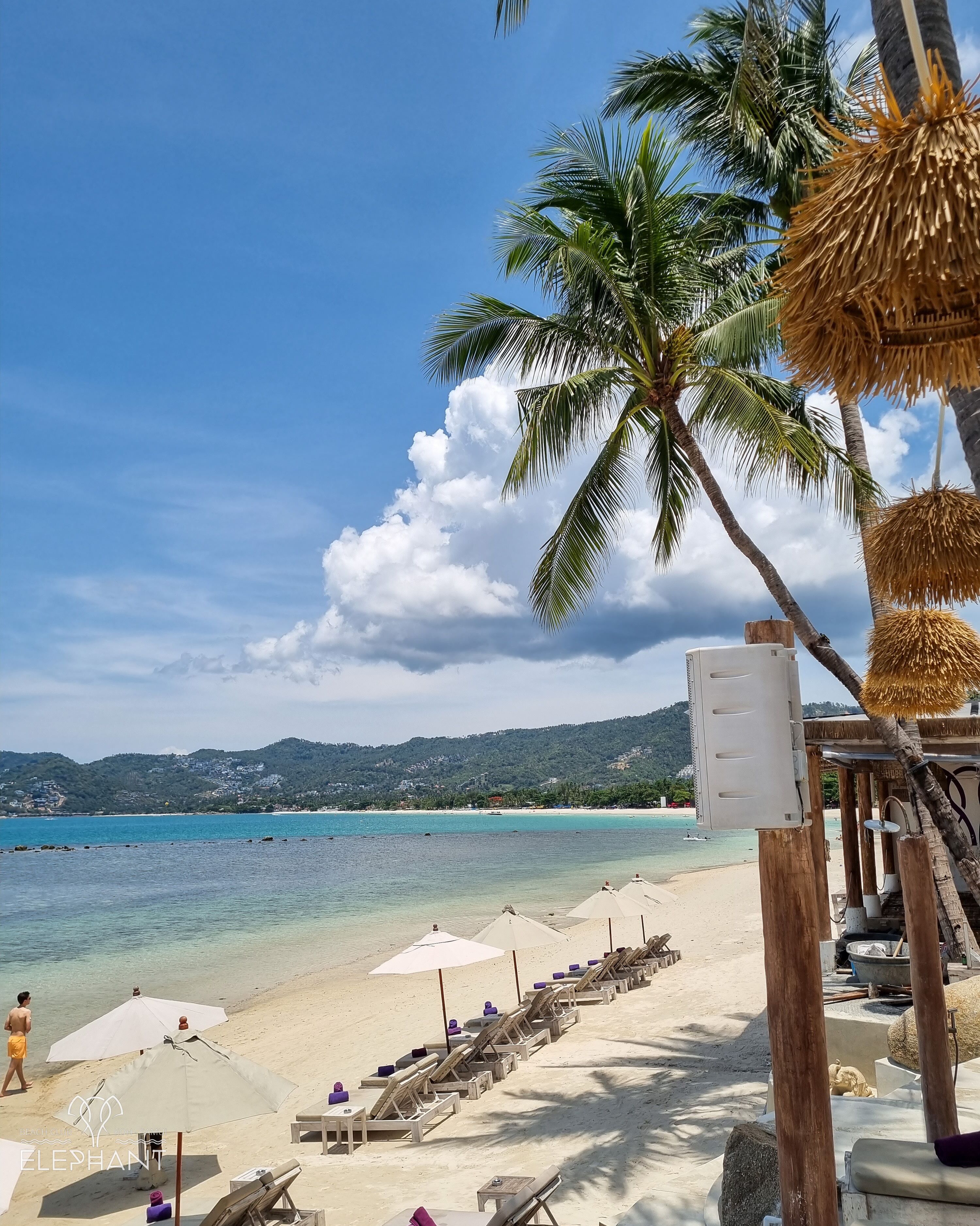 Ein Strand mit klarem türkisblauem Wasser, Palmen und Holzliegen unter Sonnenschirmen.