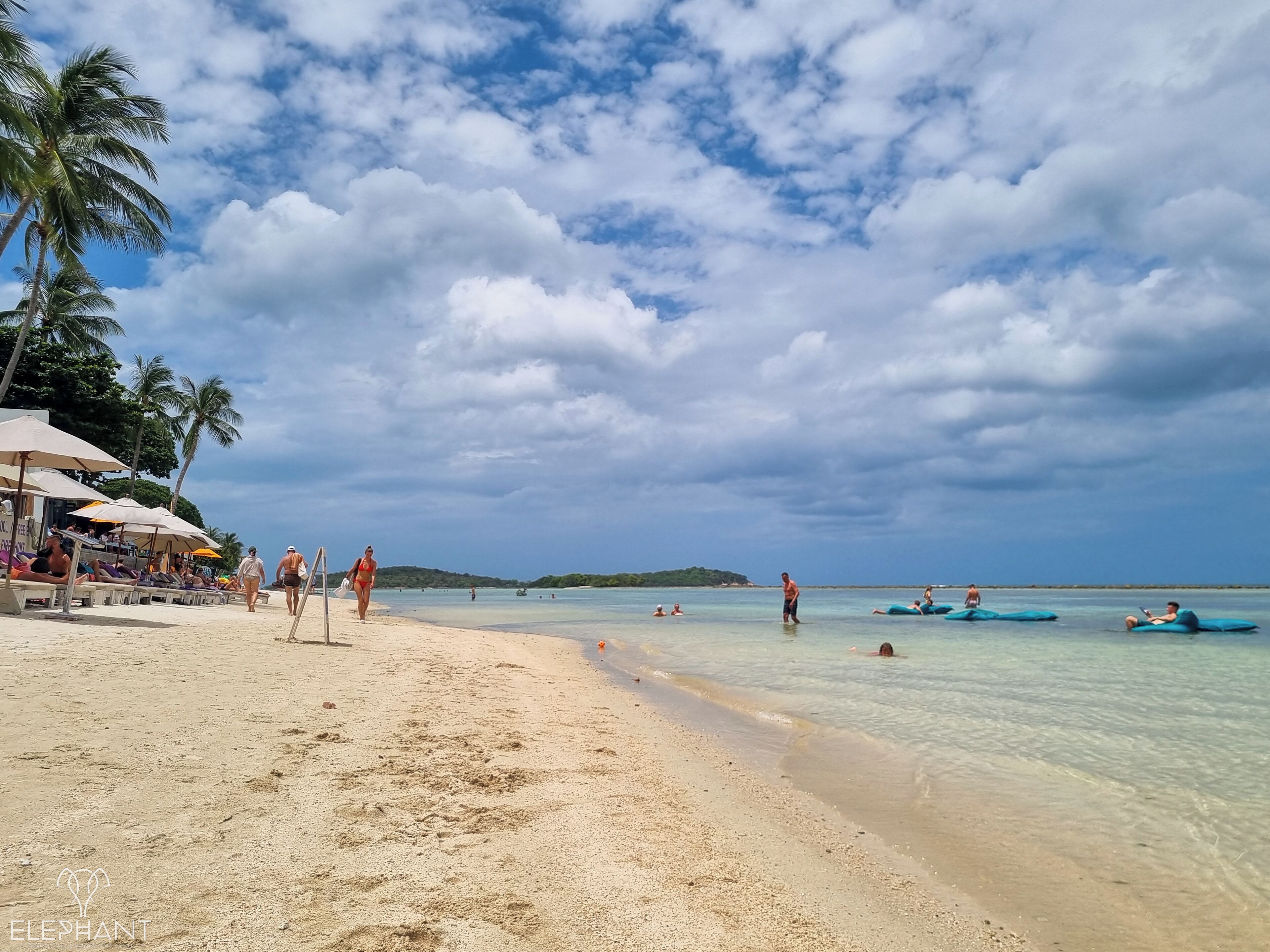 Een strand met helder water, palmbomen en parasols.