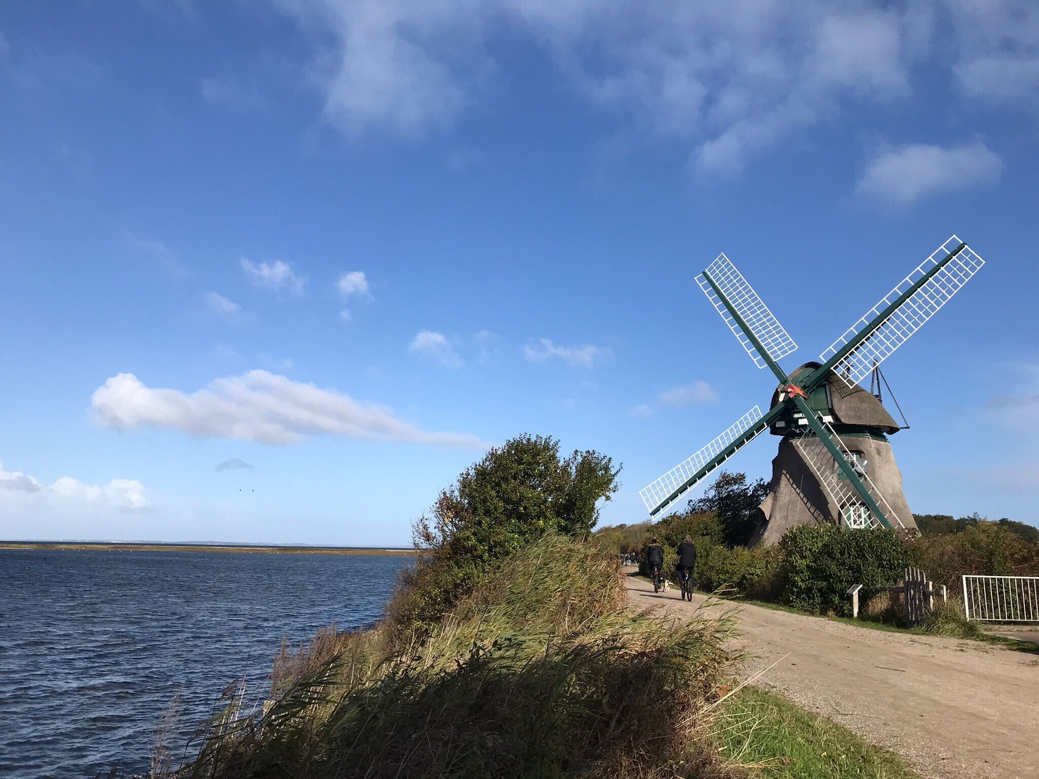 A windmill by a body of water with a clear sky.