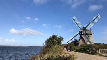 A windmill by a body of water with a clear sky.