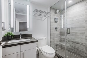 Shower, towels, soap, shampoo