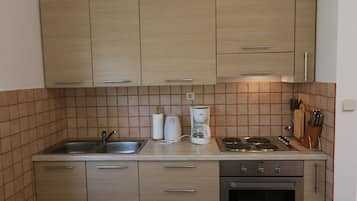 Frigorífico, placa de cocina, cafetera o tetera y utensilios de cocina