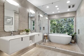 Hair dryer, towels, soap, shampoo