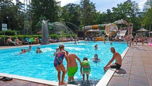 A swimming pool with people in the water, a water slide, and a fountain. - Forest Family Home - 6 Persoons op 5 Sterren Park (Beekbergen)