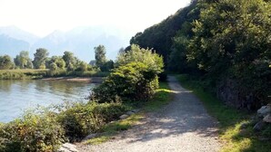 Un sendero de grava a orillas de un río, con abundante vegetación y montañas al fondo.