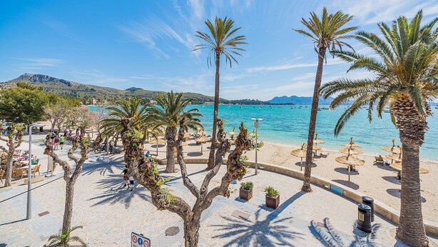 A beachside promenade with palm trees, beach umbrellas, and a view of the sea. - 'Pine Walk' Apartment with Sea Views, Wi-Fi and Air Conditioning (Pollensa)