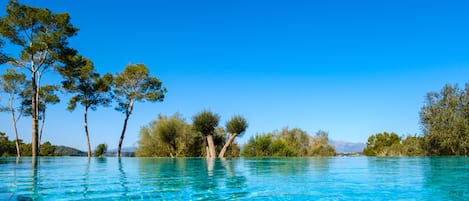 Indoor pool, outdoor pool, pool umbrellas, pool loungers