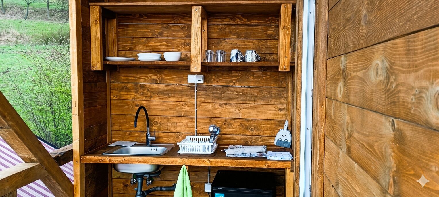 A compact wooden kitchen with a sink, a dish rack, and a shelf with utensils.