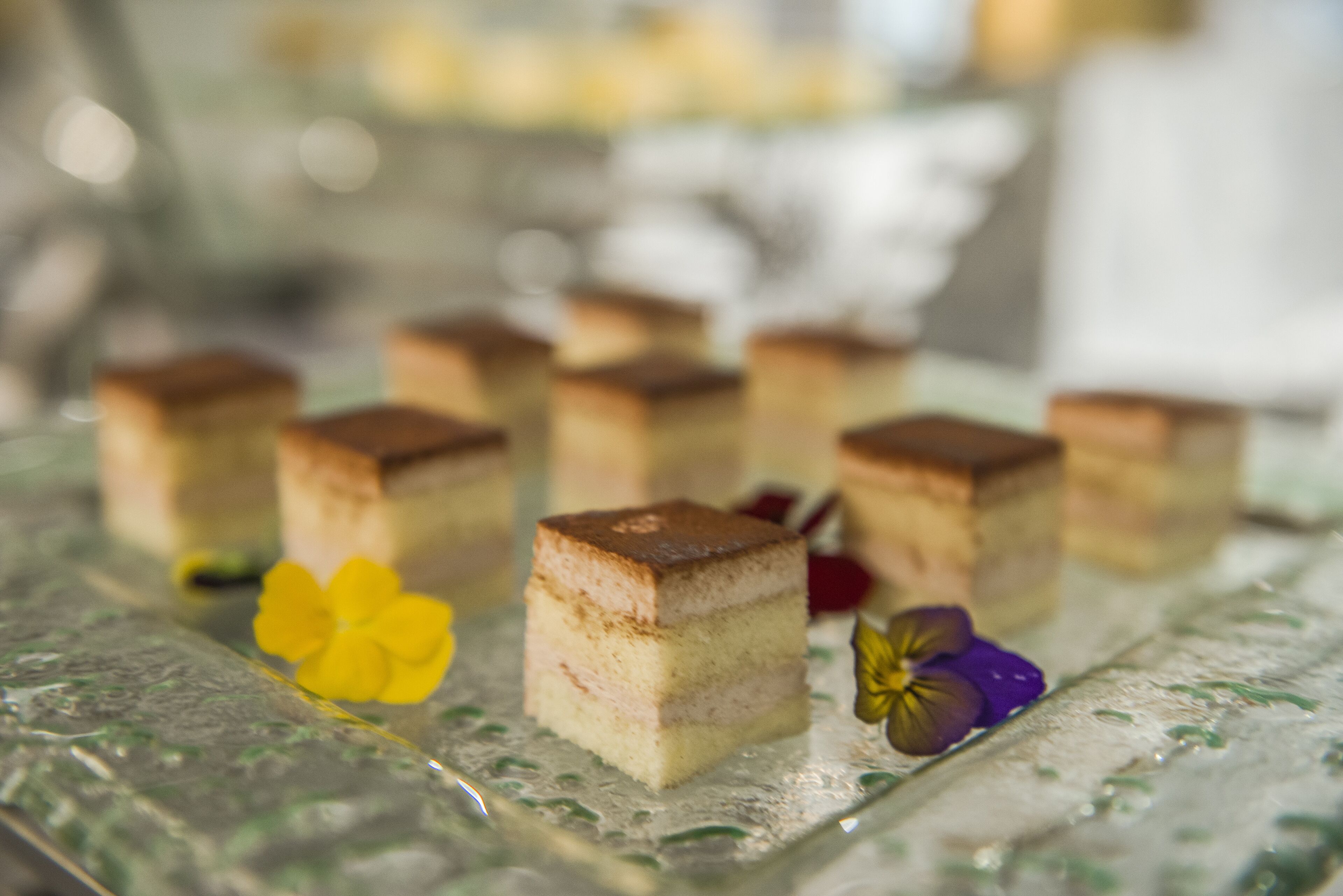 Un plateau de desserts avec de petits gâteaux carrés et des fleurs décoratives, le tout présenté sur une assiette en verre.