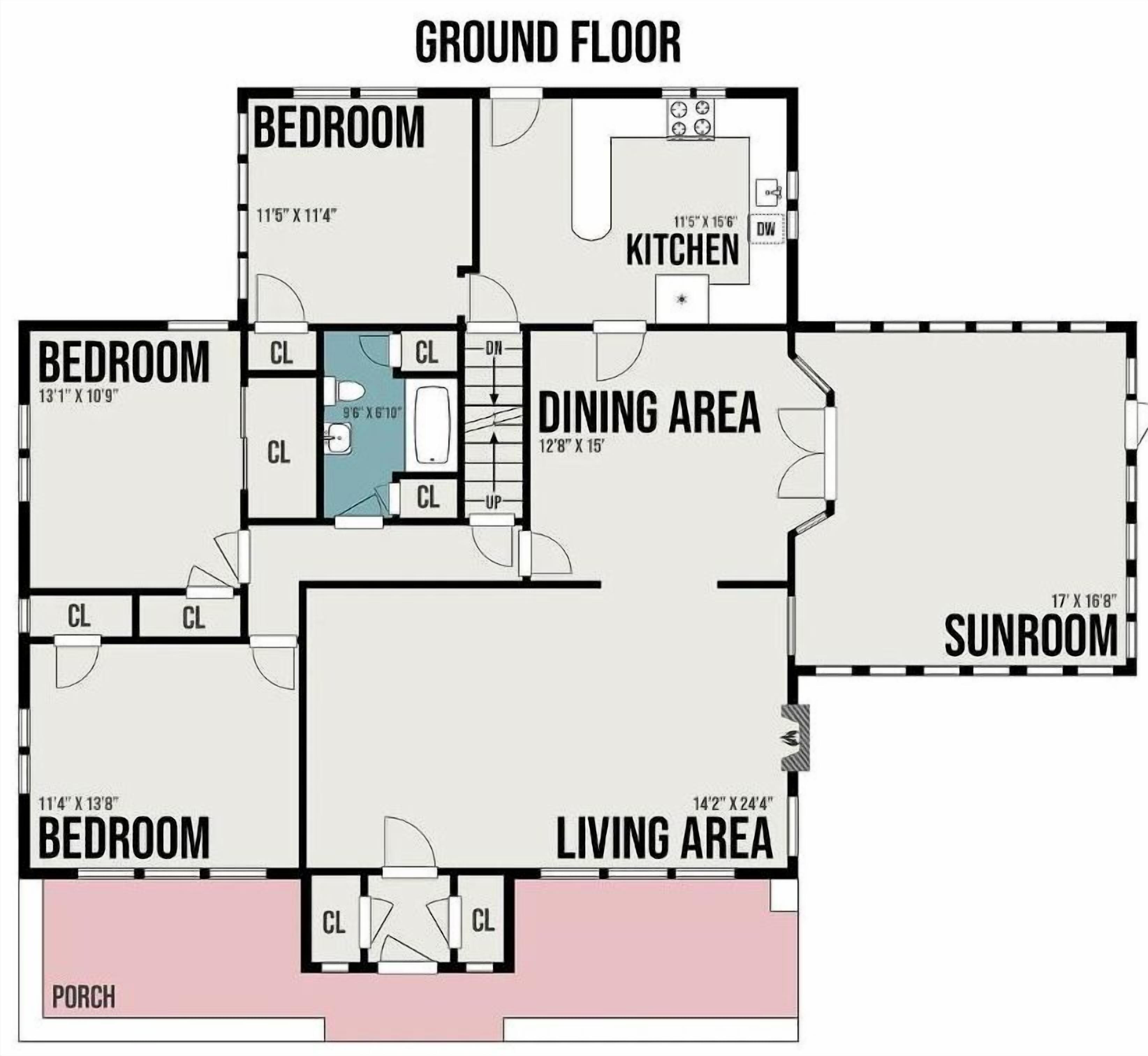 Een plattegrond van een huis met een begane grondindeling, inclusief een slaapkamer, eetgedeelte, keuken, serre, woonkamer en een veranda.