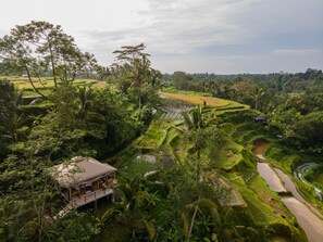 A lush landscape with terraced fields and a small wooden structure with a balcony overlooking the greenery. - Nadi Nature Resort - Adults Only (Penebel)