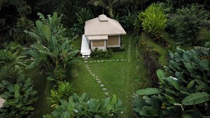 A house surrounded by lush greenery, with a well-maintained lawn and a pathway leading to the entrance. - Nadi Nature Resort - Adults Only (Penebel)