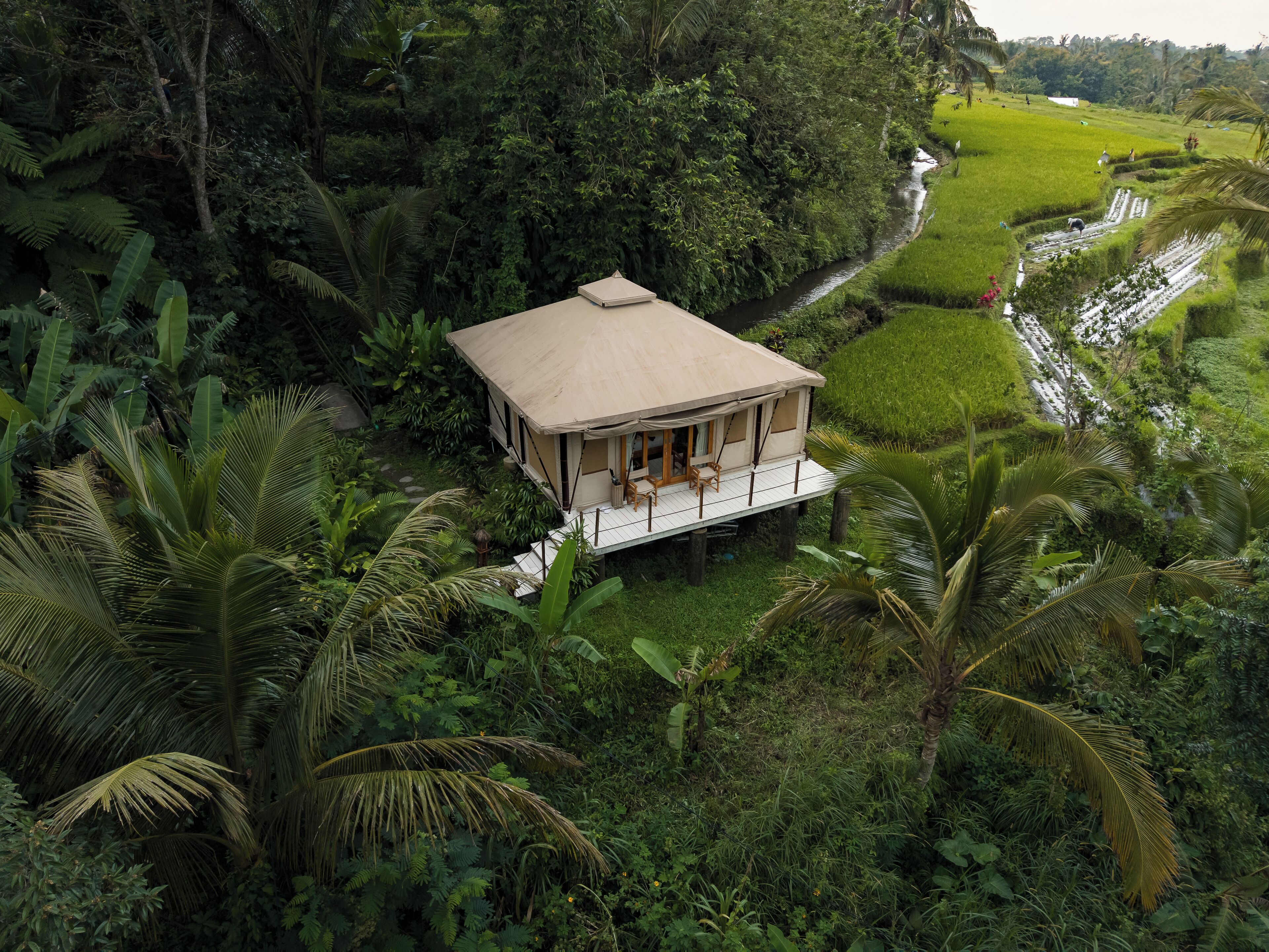 A bungalow with a balcony, surrounded by lush greenery and a river.