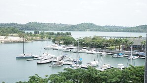 Un port de plaisance où sont amarrés différents types de bateaux, entouré d’une végétation luxuriante et avec des collines en arrière-plan.