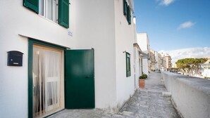 A narrow street with a white building, a green door, and a small potted plant.
