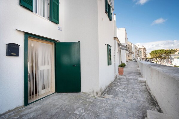 A narrow street with a white building, a green door, and a small potted plant.