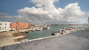 A marina with boats docked, a building with multiple windows, and a large ship in the background.