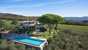 Eine großzügige Villa mit Swimmingpool, umgeben von üppiger Vegetation und Weinbergen.