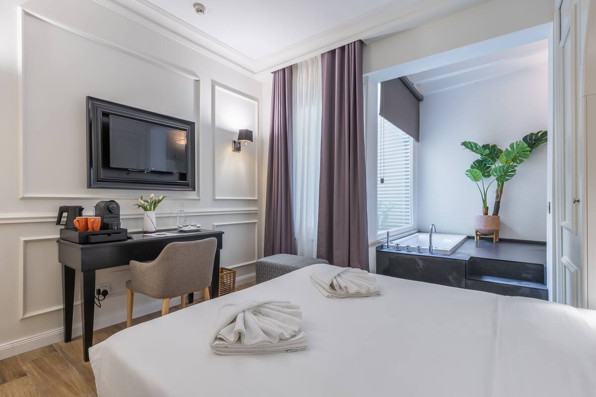 Habitación de hotel con cama, escritorio, silla, televisor y una planta.