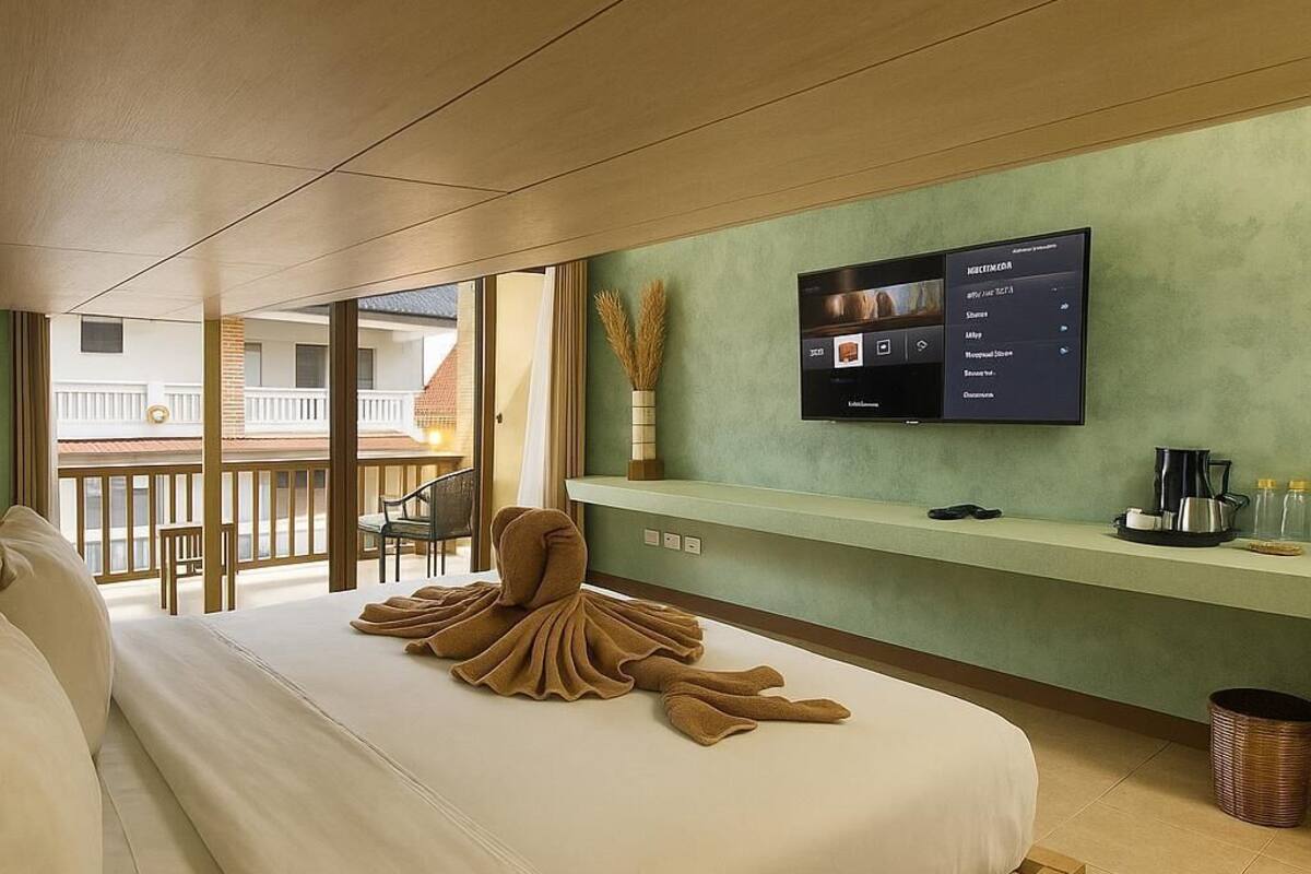 A modern hotel room with a large bed, a television mounted on the wall, a small table, and a view of the outside balcony.