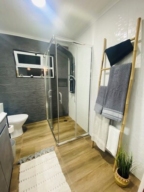 Douche, sèche-cheveux, serviettes fournies, savon