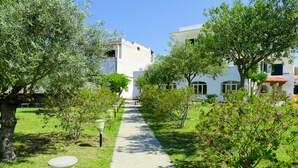 A pathway lined with trees and a building with a white facade and red-tiled roof. - hotel park victoria (Forio)