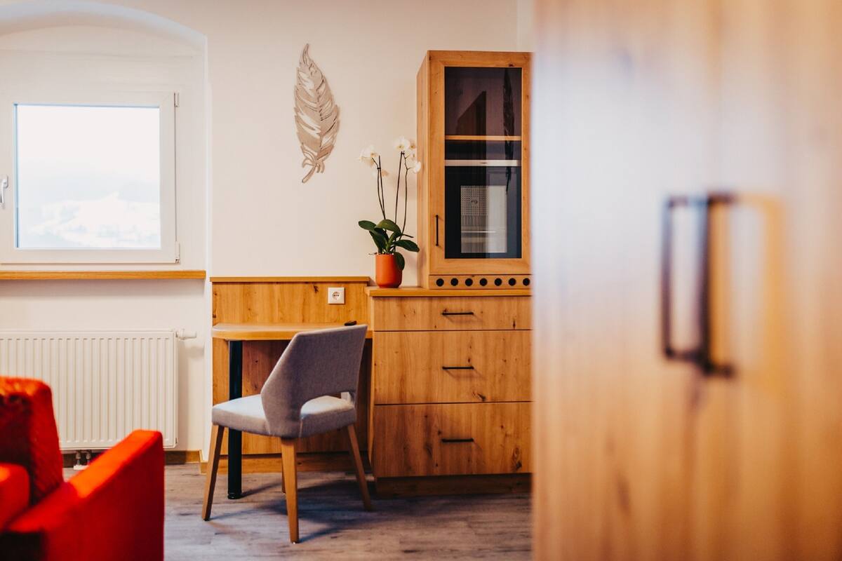 Una habitación con un armario de madera, una silla, un ventanal y una planta.