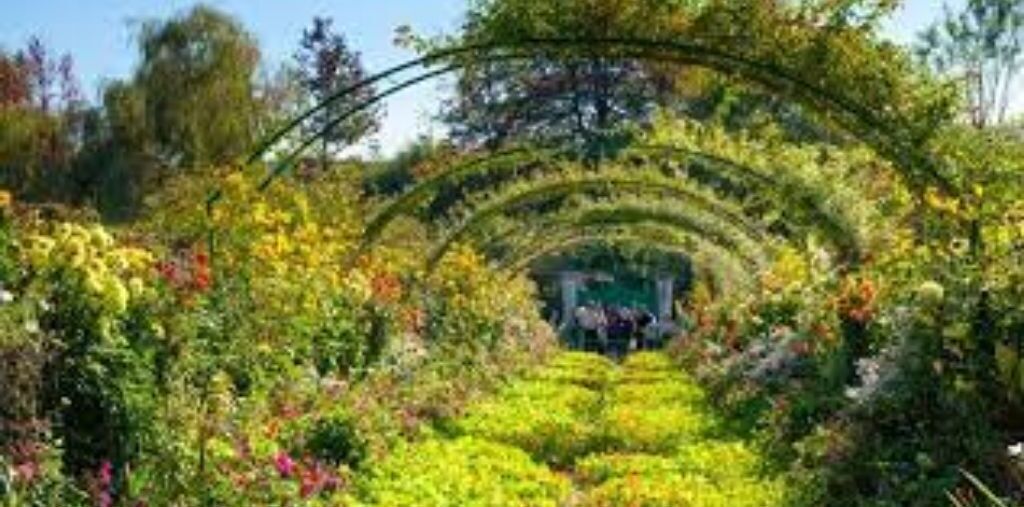 A garden pathway with a central archway surrounded by lush greenery and various plants.