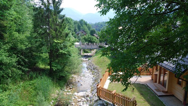 Un puente de madera sobre un arroyo, rodeado de exuberante vegetación y una cabaña de madera.