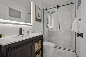 Shower, hair dryer, towels