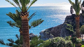 Une vue sur la côte, avec des palmiers, une mer bleue et limpide, et des falaises rocheuses.