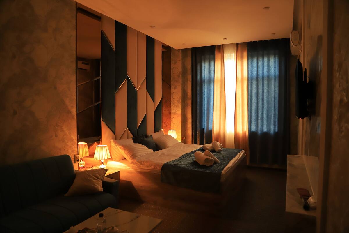 Pillow-top beds, desk, blackout curtains, soundproofing