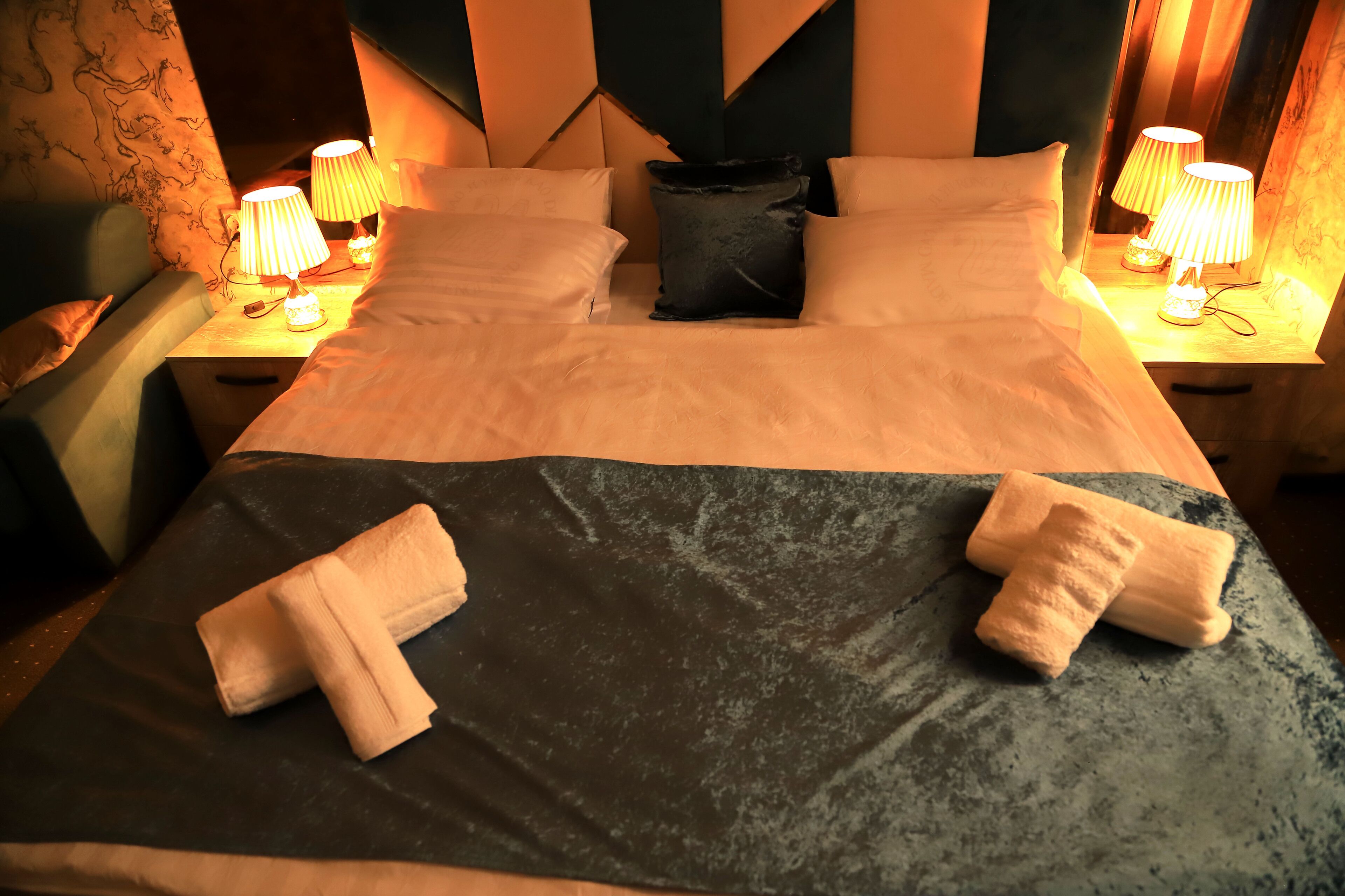 pillow-top beds, desk, blackout curtains, soundproofing