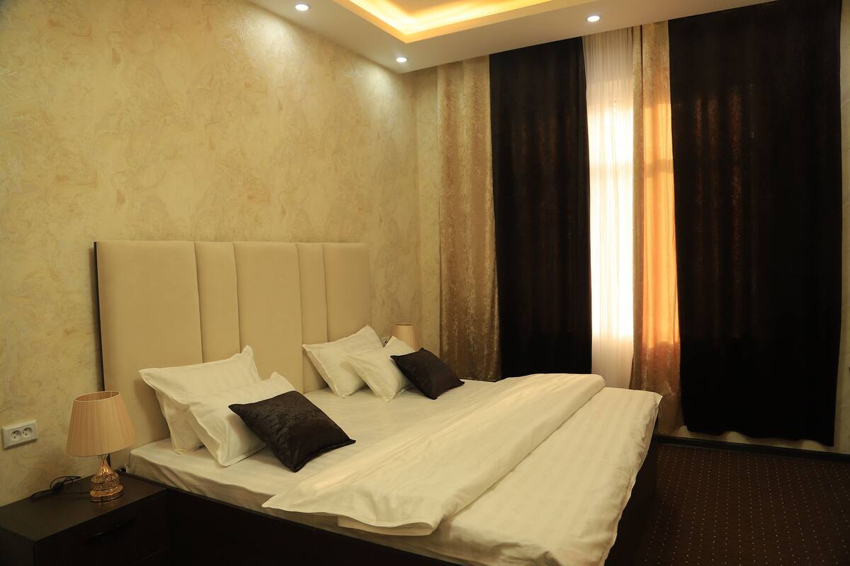 Pillow-top beds, desk, blackout curtains, soundproofing