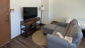 A living room with a flat-screen TV on a wooden stand, a grey sofa, a floor lamp, and a round rug.