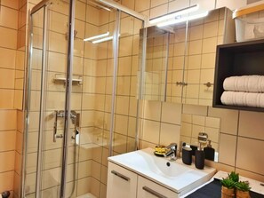 Shower, hair dryer, towels